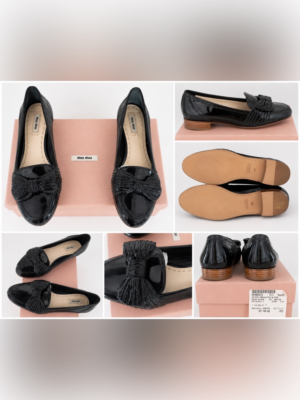 Miu Miu Black Patent Leather Bow Loafers with Textured Bow